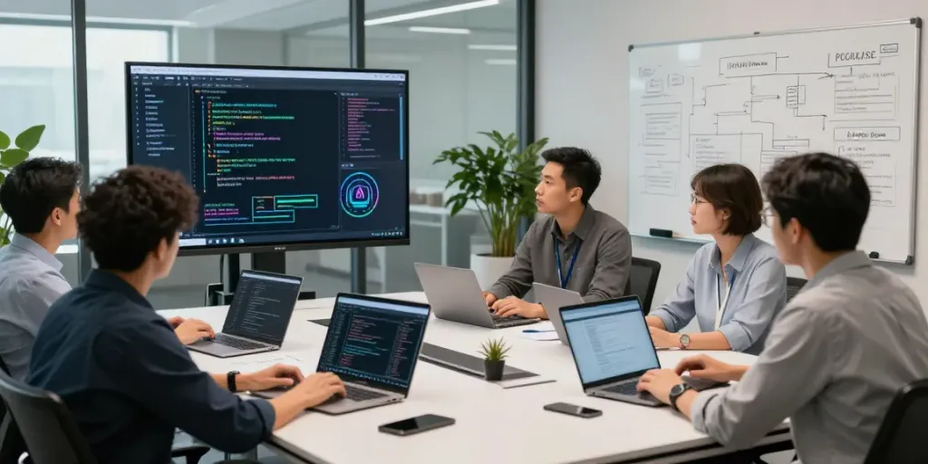 Collaboration on Enterprise AI strategies in a modern workspace with teams engaging over data and models.