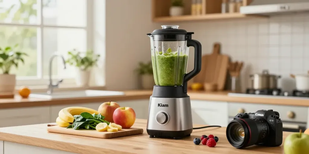 Kiam Blender in a bright kitchen preparing a healthy smoothie with fresh fruits.