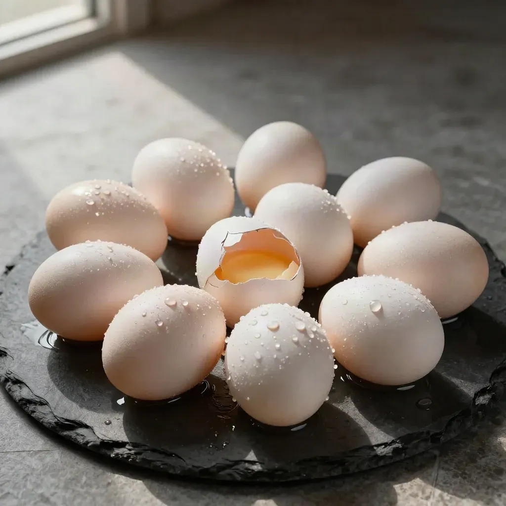 Rinsed free-range eggs on slate, one shell hairline-cracked, with cool beads of water