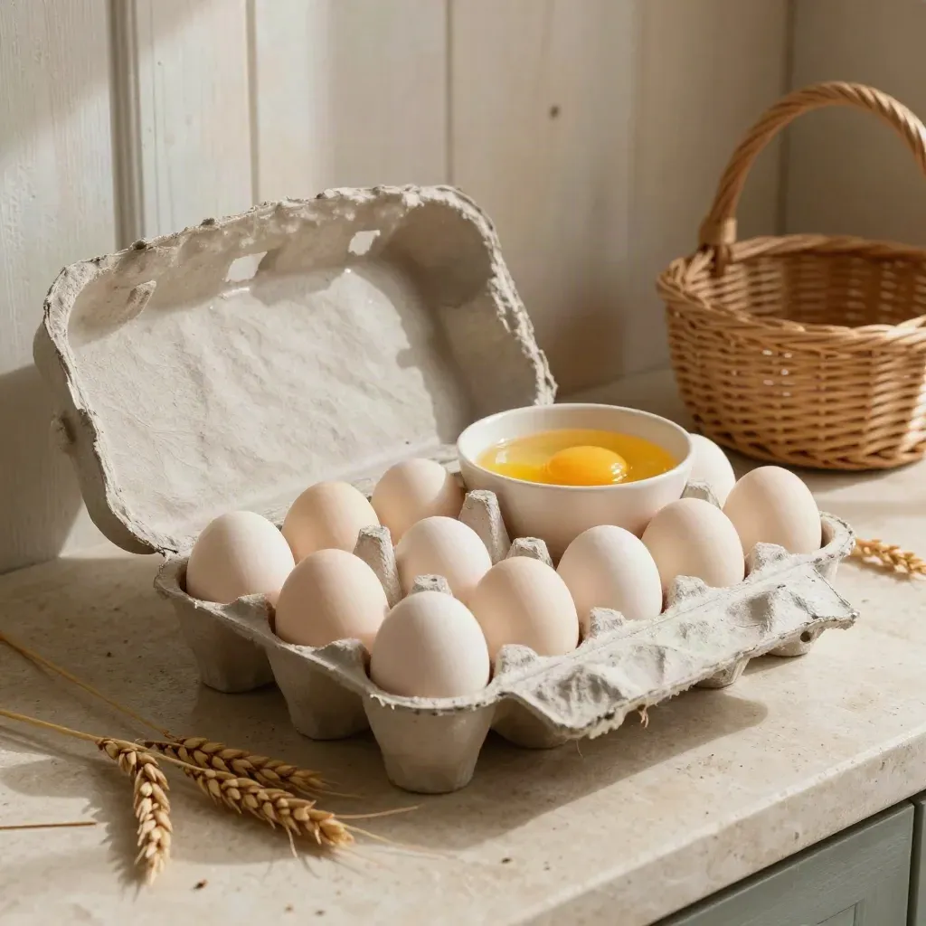 Open egg box with free-range eggs, yolks, straw and wicker basket on a cream surface.