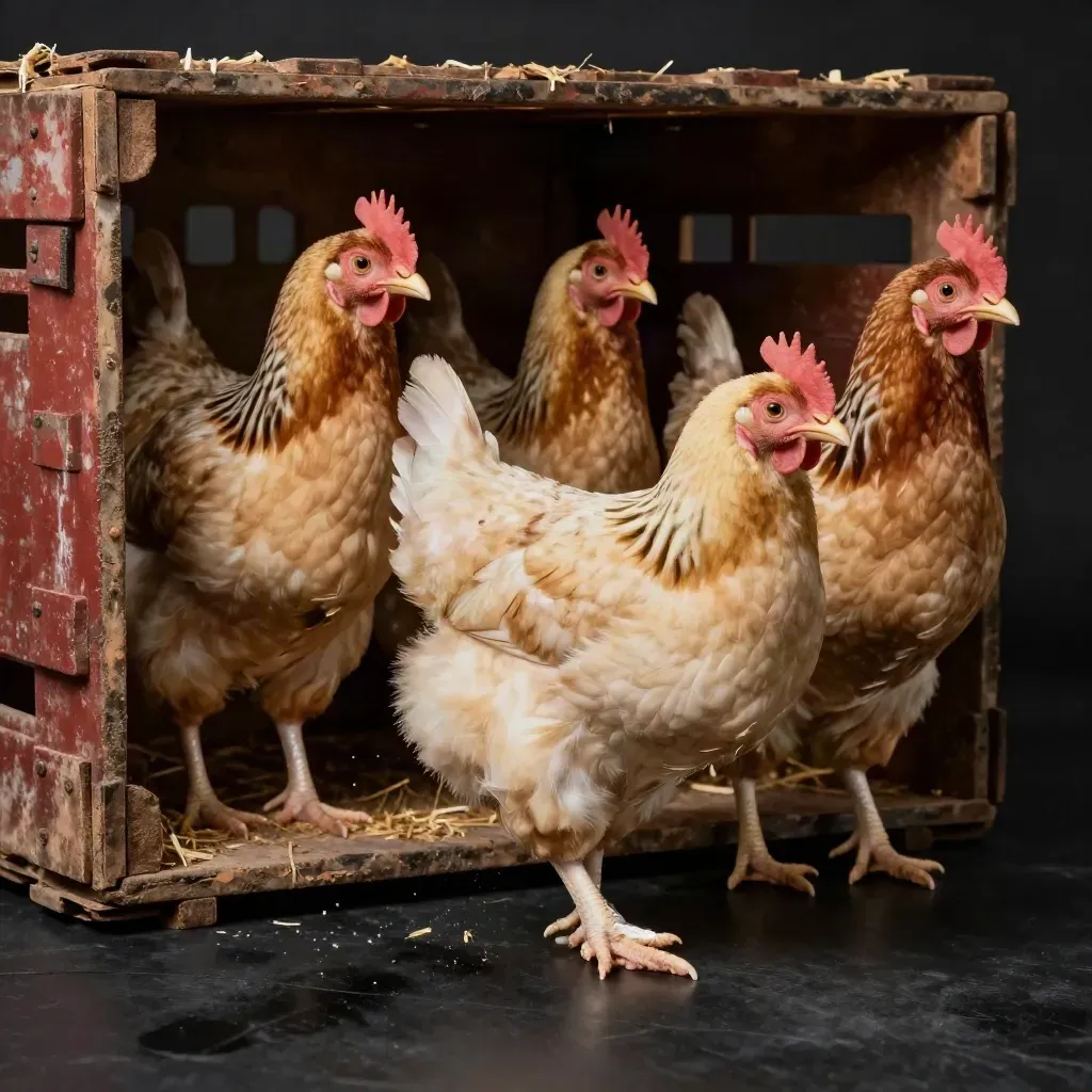 Three young hens step from a crate on a dark studio floor.