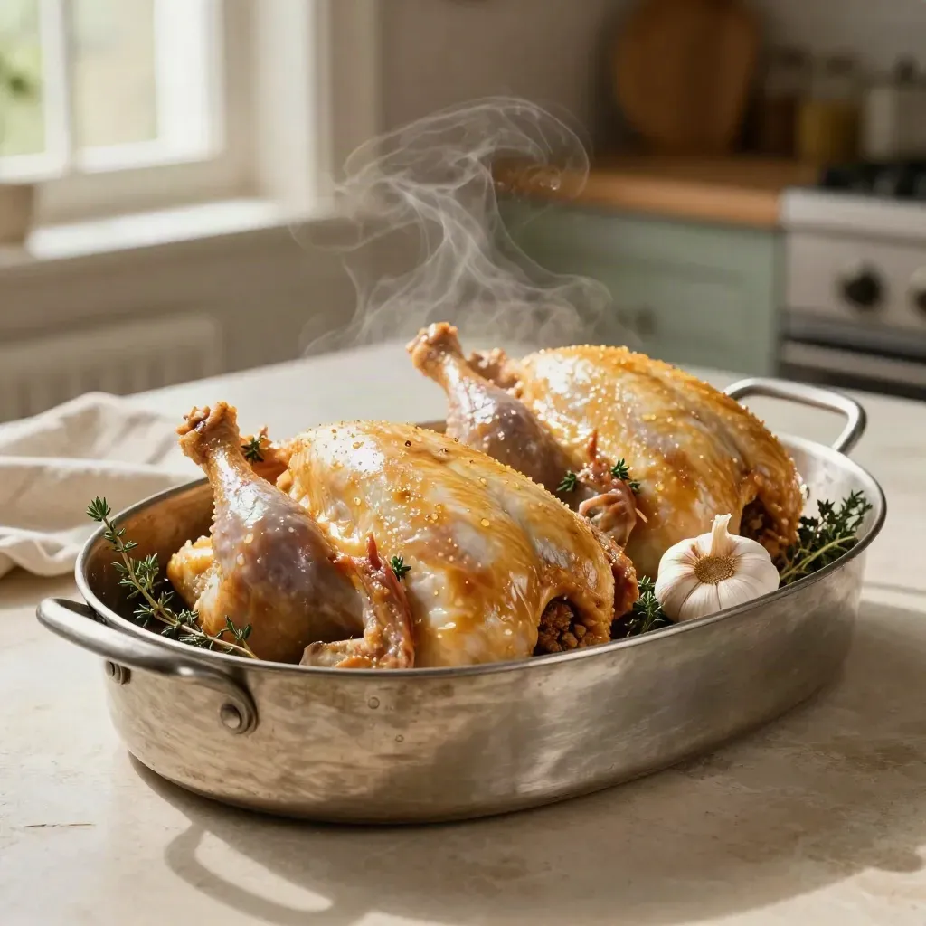 Corn-fed chickens roasting in a pewter tin with thyme, garlic and rising steam