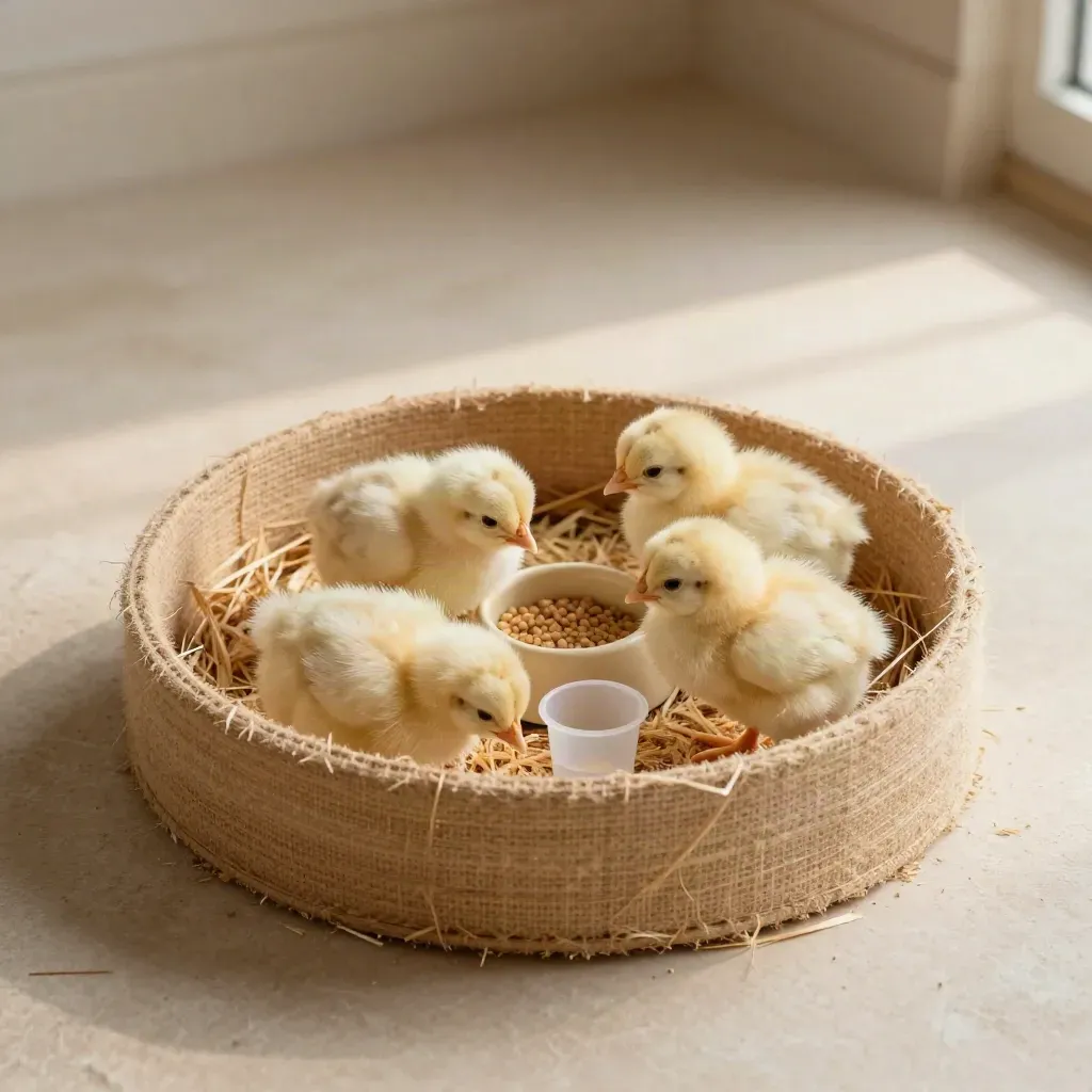 Day-old chicks in a brooder ring with shavings, feed dish and water cup, overhead flatlay