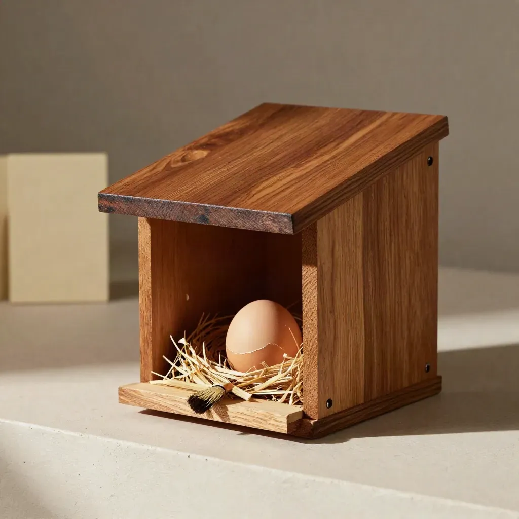 Wooden nest box open with straw, egg and brush on a pale plaster ledge in dramatic studio light.