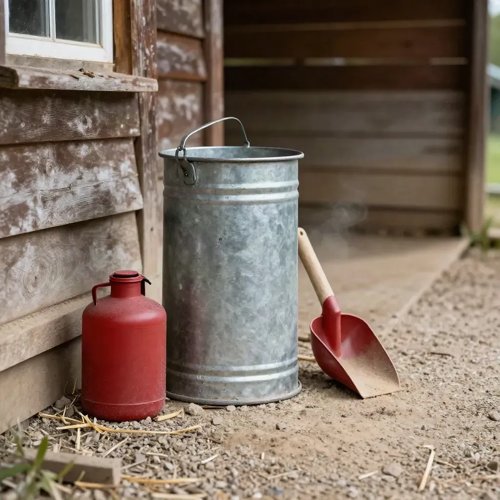 Feeder, red drinker and grit scoop beside a coop wall on a gravel run.