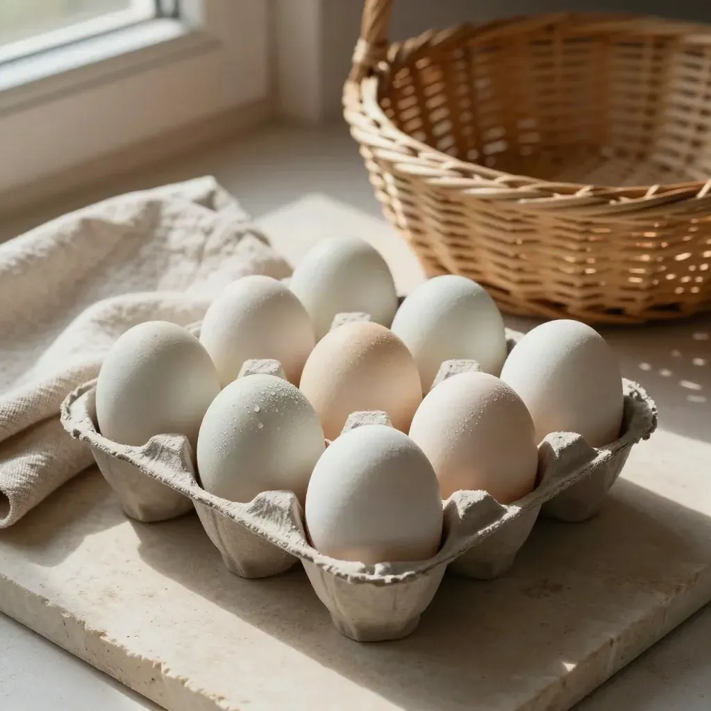 Overhead flatlay of six duck eggs in a pulp tray with linen and willow basket