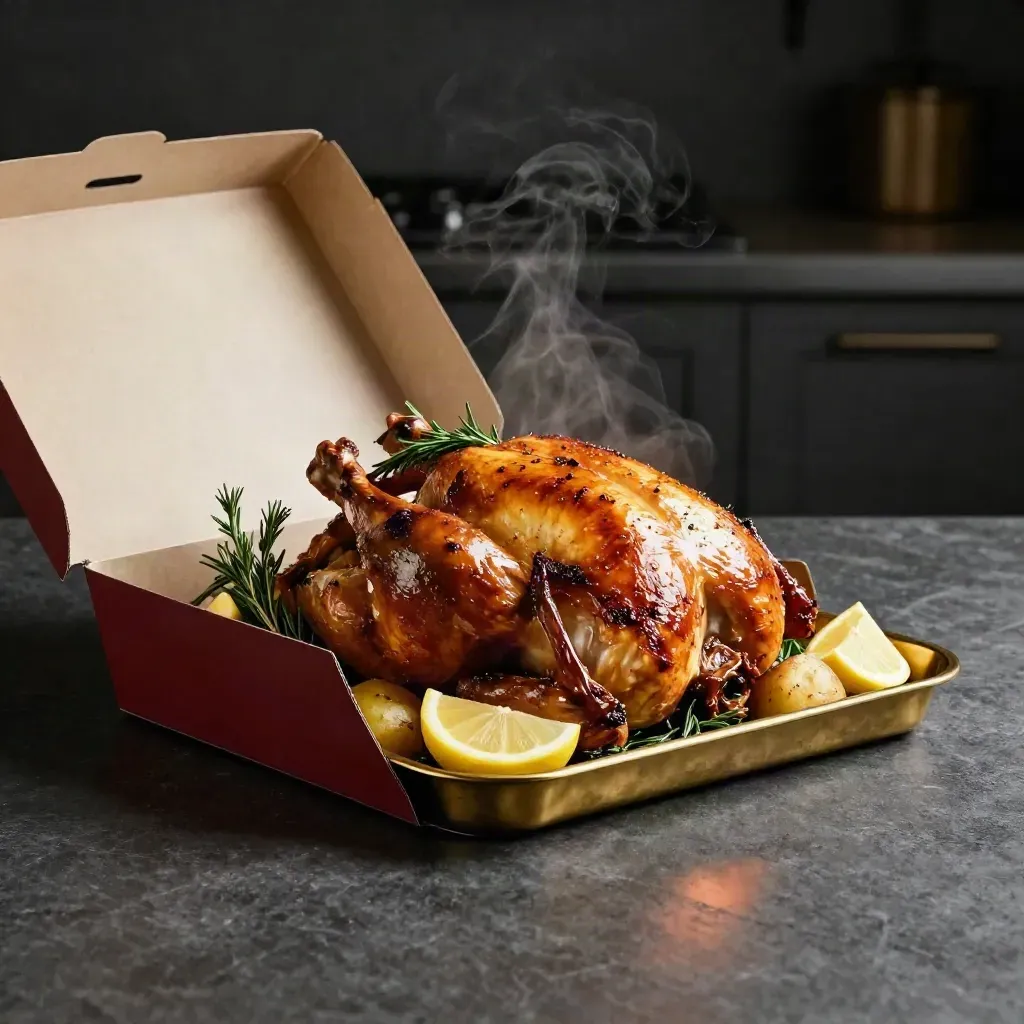 Open roast poultry box with chicken, herbs, lemons, potatoes and brass tray in dramatic studio light
