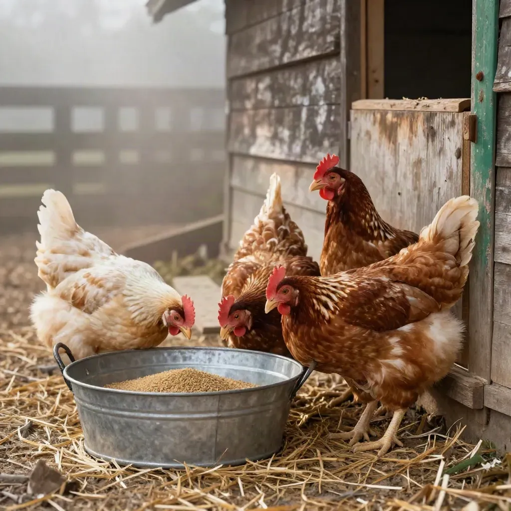 Three buff hens beside a galvanized feed pan at a misty coop threshold.