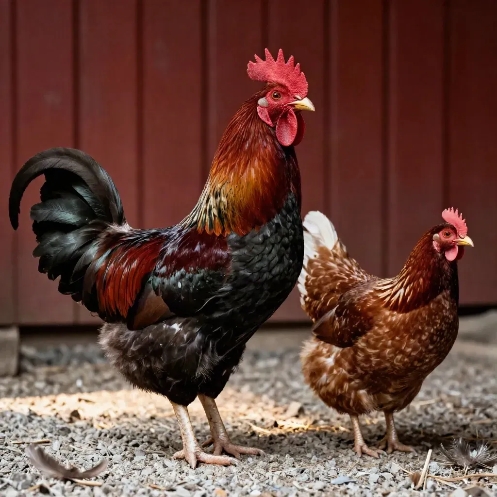 Rooster and hen breeding pair on pale gravel under dramatic studio light.