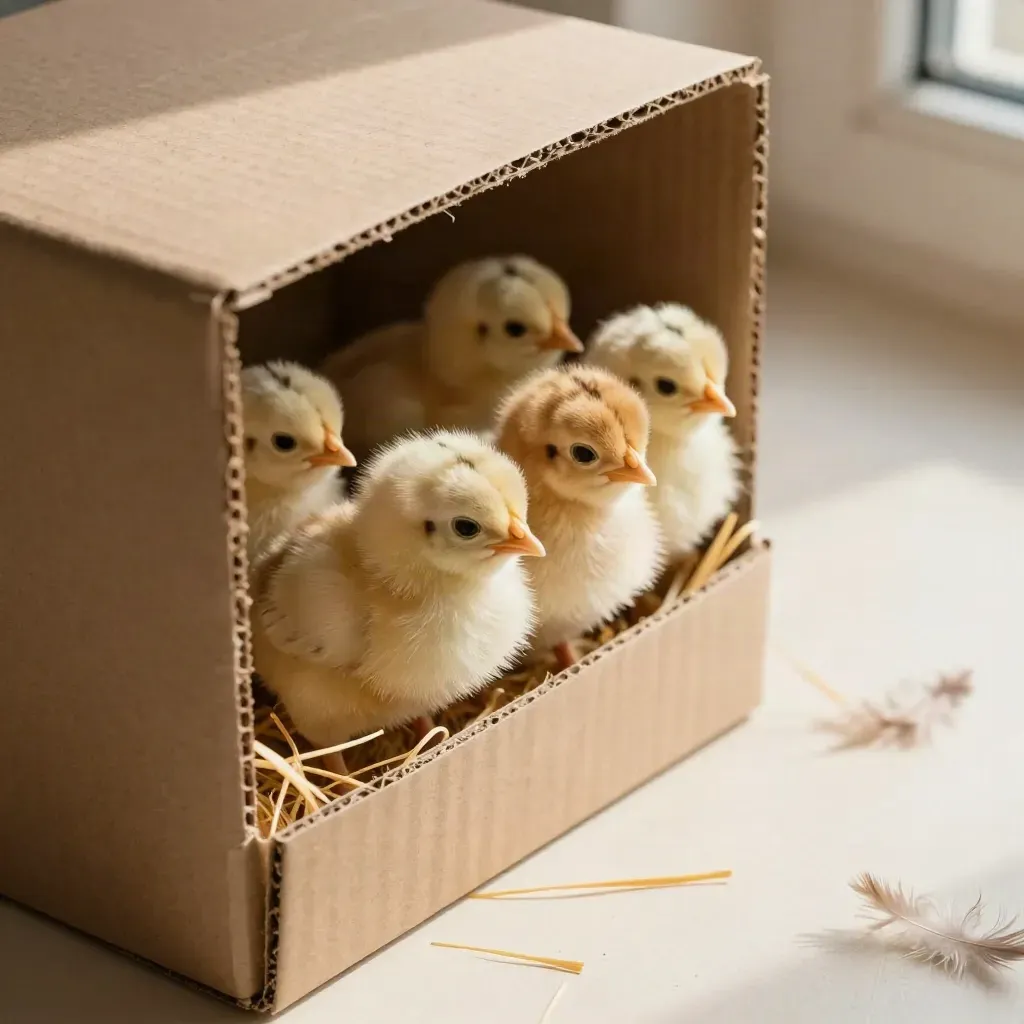 Macro close-up of mixed-breed chicks peeking from a straw-lined starter box