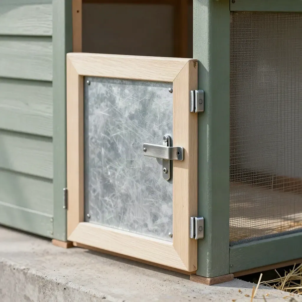 Galvanized coop door panel sliding into place beside pale timber framing