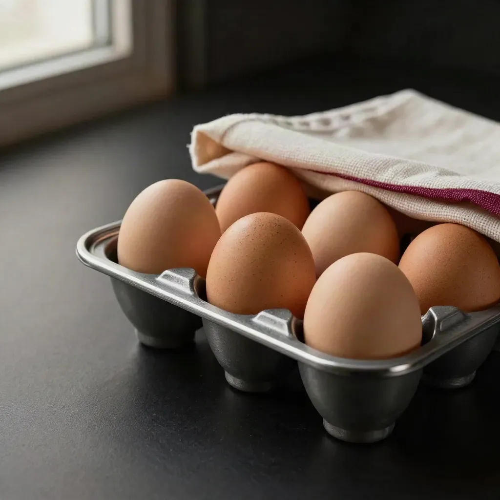 Egg tray with clean eggs, cloth, and soft studio light on a dark surface.