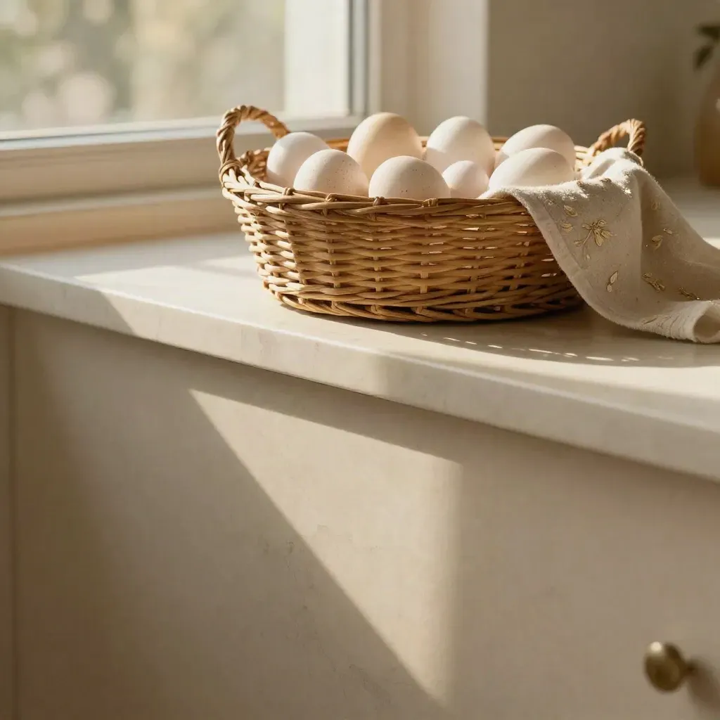 Egg basket and tray on a cream marble windowsill in soft morning light